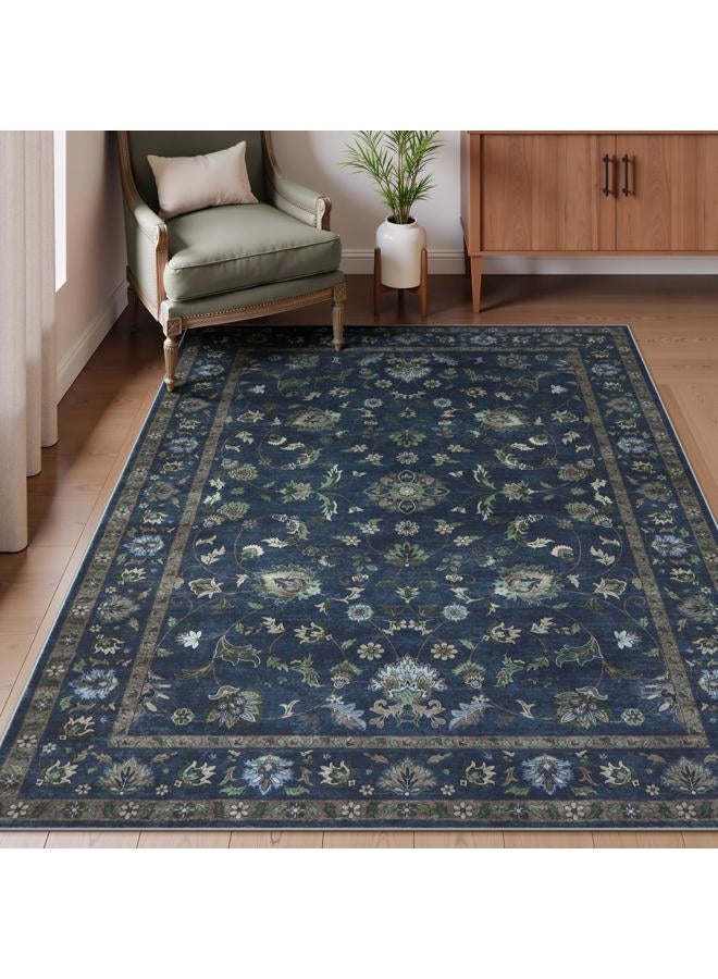 Wonnitar 5x7 Washable Area Rug, Non Slip Vintage Floral Rug for Bedroom, Ultra-Thin Stain Resistant Floor Carpets Rugs for Living Room Dining Room Home Office,(Blue,5x7) - Image 1