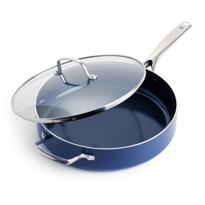 Blue Diamond 5QT Saute Pan with Lid, Non Toxic PFAS-Free Diamond Ceramic Nonstick, Dishwasher & Oven Safe, Metal Utensil Safe, Deep Jumbo Cooker Skillet with Helper Handle, Glass Lid, Blue - Image 1