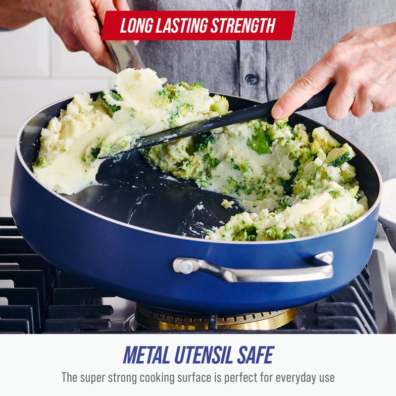 Blue Diamond 5QT Saute Pan with Lid, Non Toxic PFAS-Free Diamond Ceramic Nonstick, Dishwasher & Oven Safe, Metal Utensil Safe, Deep Jumbo Cooker Skillet with Helper Handle, Glass Lid, Blue - Image 2