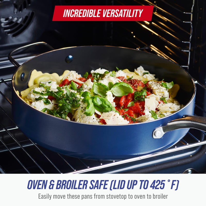 Blue Diamond 5QT Saute Pan with Lid, Non Toxic PFAS-Free Diamond Ceramic Nonstick, Dishwasher & Oven Safe, Metal Utensil Safe, Deep Jumbo Cooker Skillet with Helper Handle, Glass Lid, Blue - Image 3