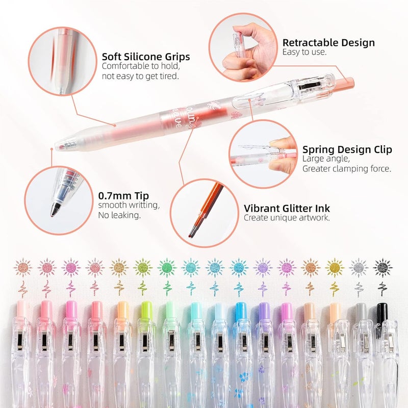 KASTWAVE Glitter Gel Pens, 16 Colors Retractable Sparkle Gel Pen Set 0.7Mm Fine Tip Colored Journaling Pens For Coloring Books, Drawing, Journaling, Doodling Office School Art Supplies - Image 2
