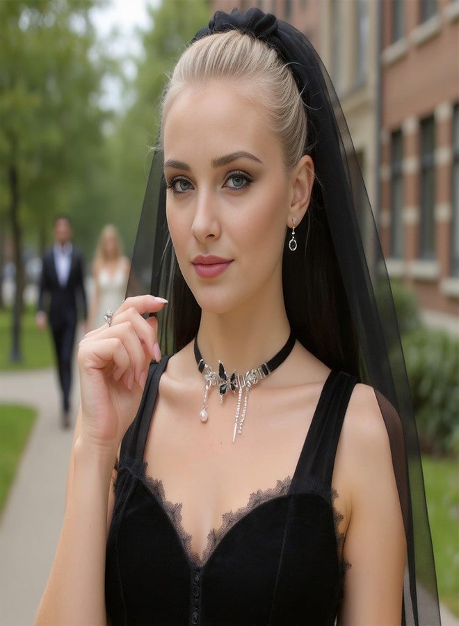 Ayliss Women Choker Necklace Black Butterfly Gothic Choker Vintage Pearl Necklace with Crystal Wedding Costumes Punk Rock Party (Black #1) - Image 4