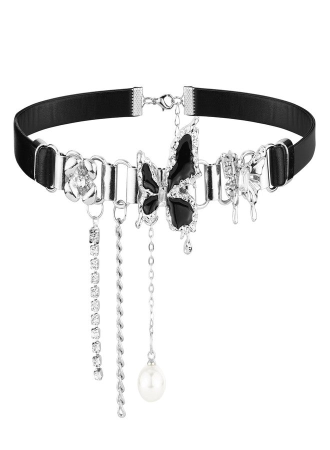 Ayliss Women Choker Necklace Black Butterfly Gothic Choker Vintage Pearl Necklace with Crystal Wedding Costumes Punk Rock Party (Black #1) - Image 1