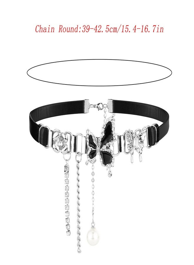 Ayliss Women Choker Necklace Black Butterfly Gothic Choker Vintage Pearl Necklace with Crystal Wedding Costumes Punk Rock Party (Black #1) - Image 2