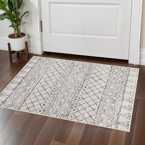 BYYVOO 2x3 Entryway Rug Washable - Moroccan Small Area Rugs for Entryway Low Pile Indoor Mat Non Slip with Rubber Backing Thin Area Rug Pet Friendly for Front Door Kitchen Bedroom 2x3 Geo Grey - Image 2