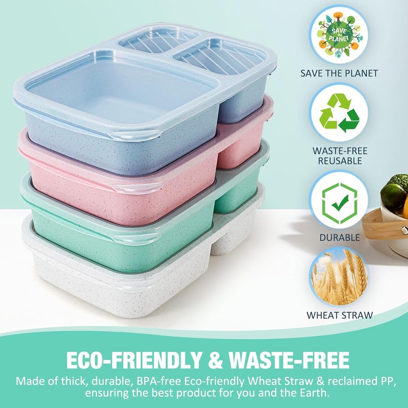 Caperci Wheat Straw Bento Lunch Box Containers for Adults  Kids  3Compartment Reusable Meal Prep Containers for School Work Travel Set of 4 Multicolor  Clear Lids - Image 2