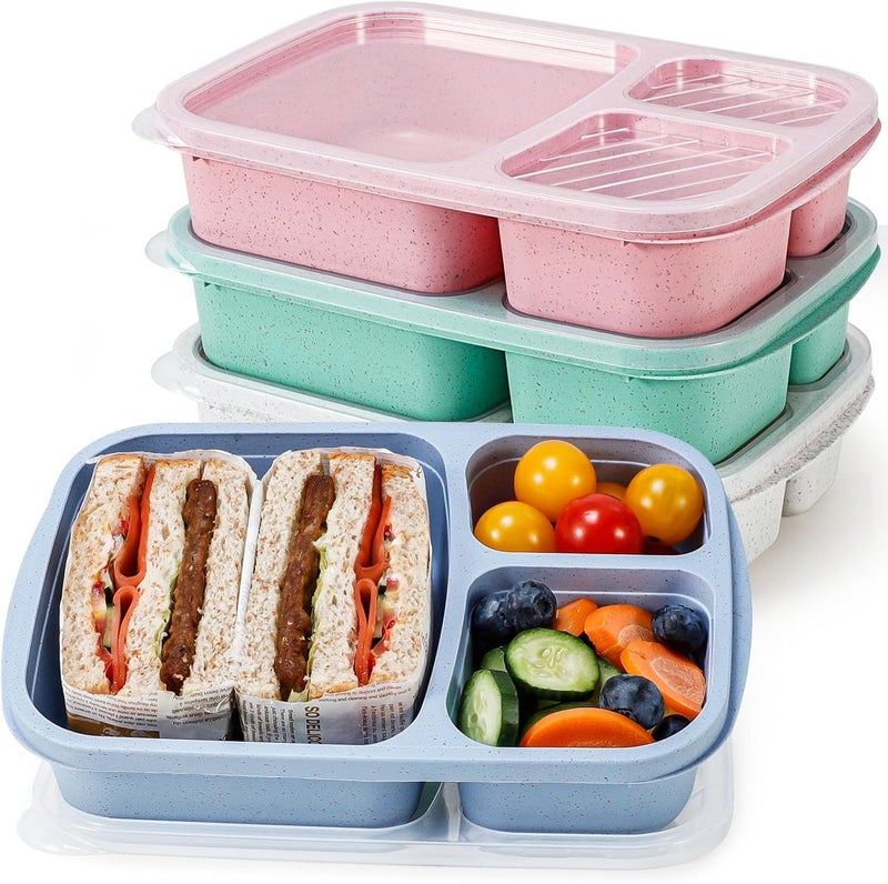 Caperci Wheat Straw Bento Lunch Box Containers for Adults  Kids  3Compartment Reusable Meal Prep Containers for School Work Travel Set of 4 Multicolor  Clear Lids - Image 1