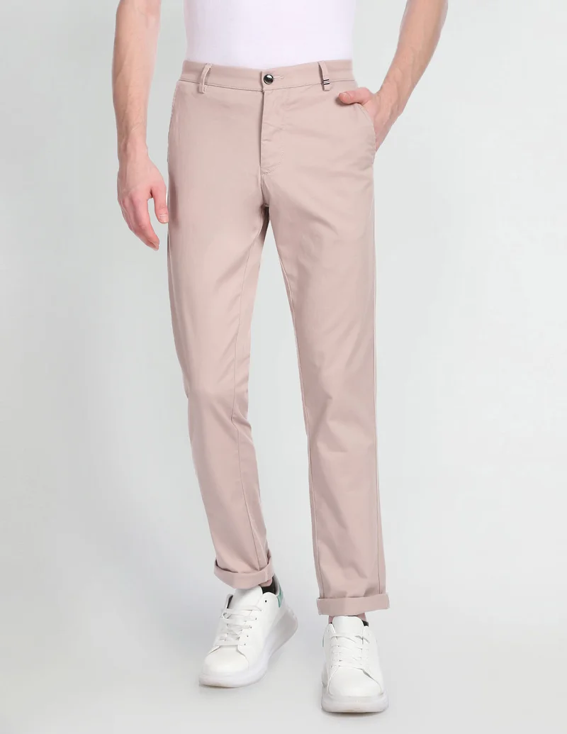 Arrow Light Pink Low Rise Slim Fit Casual Trousers for Men | Best Price UAE