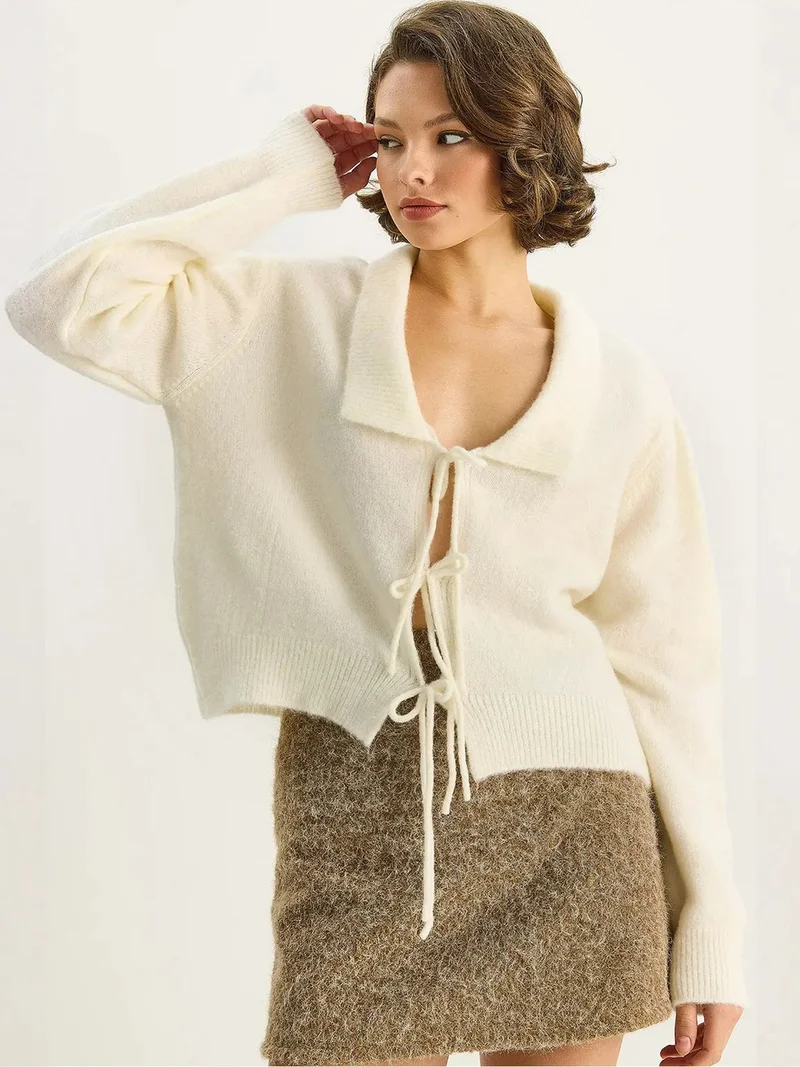 LUCCI Oversized V-Neck Tie Closure Ribbed Cardigan
