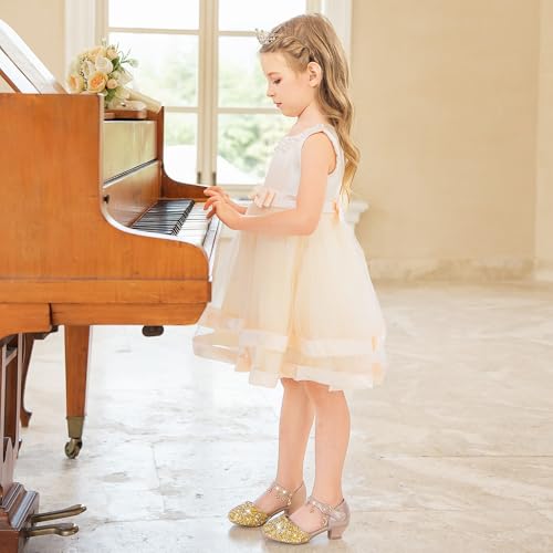 Furdeour Girls Sandals Gold High Heels Size 1 Big Little Kid Flower Wedding Dress up(2902Gold 1) - Image 3