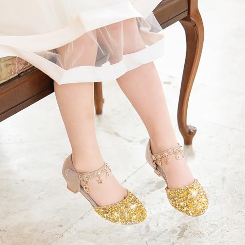 Furdeour Girls Sandals Gold High Heels Size 1 Big Little Kid Flower Wedding Dress up(2902Gold 1) - Image 2