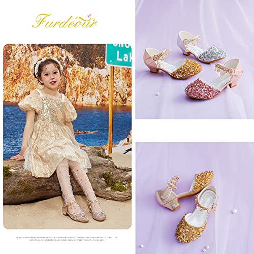 Furdeour Girls Sandals Gold High Heels Size 1 Big Little Kid Flower Wedding Dress up(2902Gold 1) - Image 5