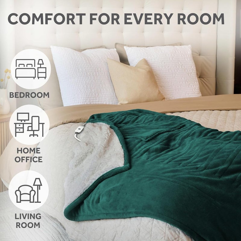 Sunbeam بطانية كهربائية فاخرة من الفرو الملكي شيربا، 4 إعدادات حرارة، إيقاف تلقائي بعد 4 ساعات، تسخين سريع، فاخرة ومريحة للغاية، لون أخضر نباتي، 50" × 60" - Image 5