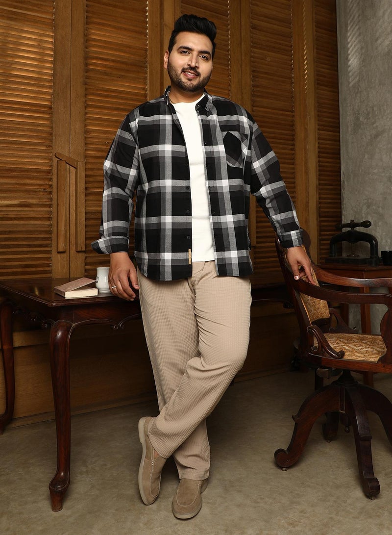 Instafab Plus Men's Onyx Black Pixelated-Check Relaxed Shirt For Casual Wear | Spread Collar | Long Cuffed Sleeves | Button Closure | Plus Size Shirt Crafted With Comfort Fit For Everyday Wear - Image 5