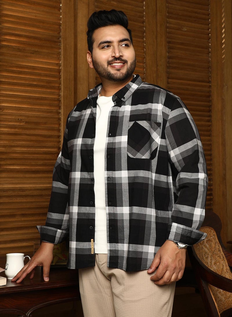 Instafab Plus Men's Onyx Black Pixelated-Check Relaxed Shirt For Casual Wear | Spread Collar | Long Cuffed Sleeves | Button Closure | Plus Size Shirt Crafted With Comfort Fit For Everyday Wear - Image 3