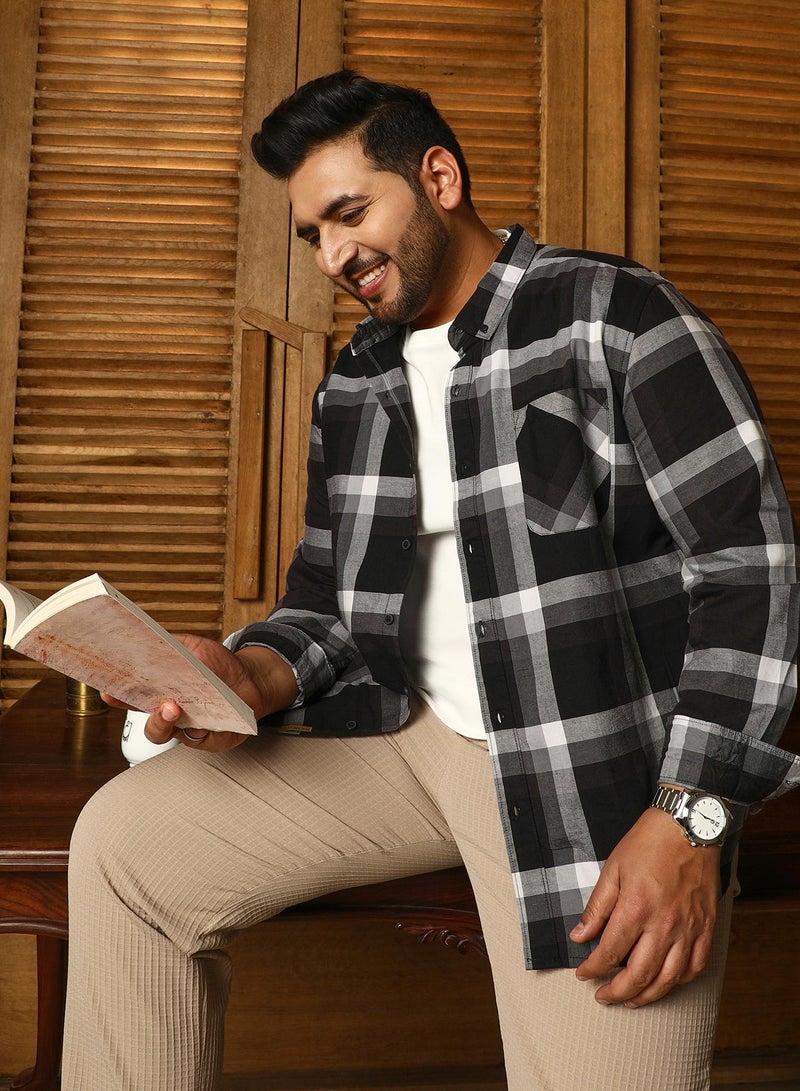 Instafab Plus Men's Onyx Black Pixelated-Check Relaxed Shirt For Casual Wear | Spread Collar | Long Cuffed Sleeves | Button Closure | Plus Size Shirt Crafted With Comfort Fit For Everyday Wear - Image 1