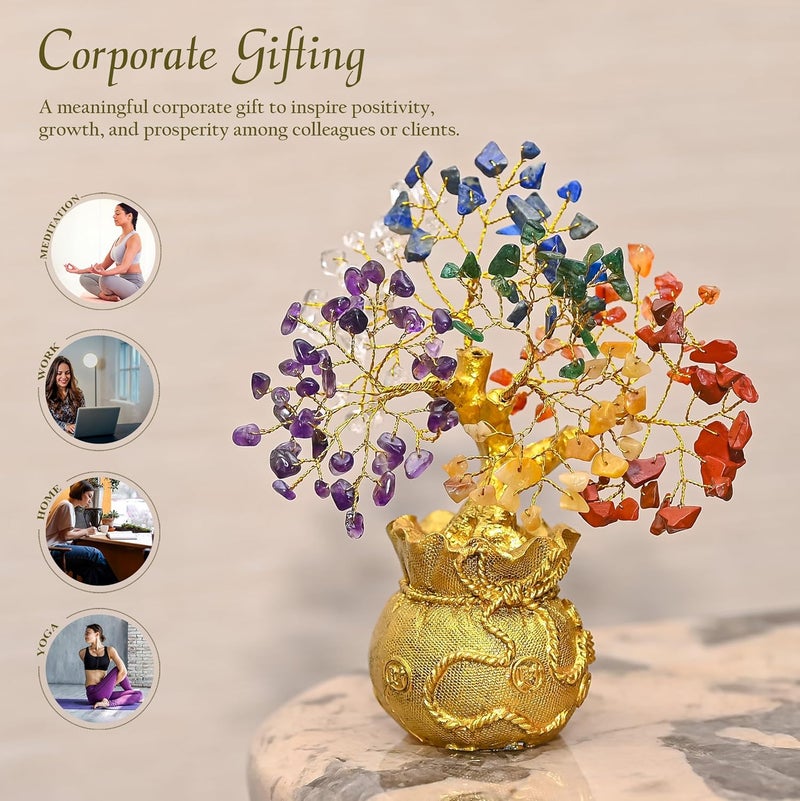 Crocon 7 Chakra Crystal Bonsai Tree with Golden Money Bag Base – Healing Gemstone Tree for Wealth, Prosperity & Positive Energy – Feng Shui Good Luck Home Decor & Rakhi Gift (7x3 Inch) - Image 4