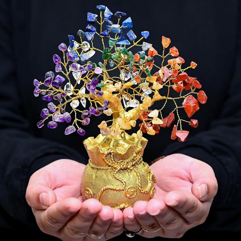 Crocon 7 Chakra Crystal Bonsai Tree with Golden Money Bag Base – Healing Gemstone Tree for Wealth, Prosperity & Positive Energy – Feng Shui Good Luck Home Decor & Rakhi Gift (7x3 Inch) - Image 5