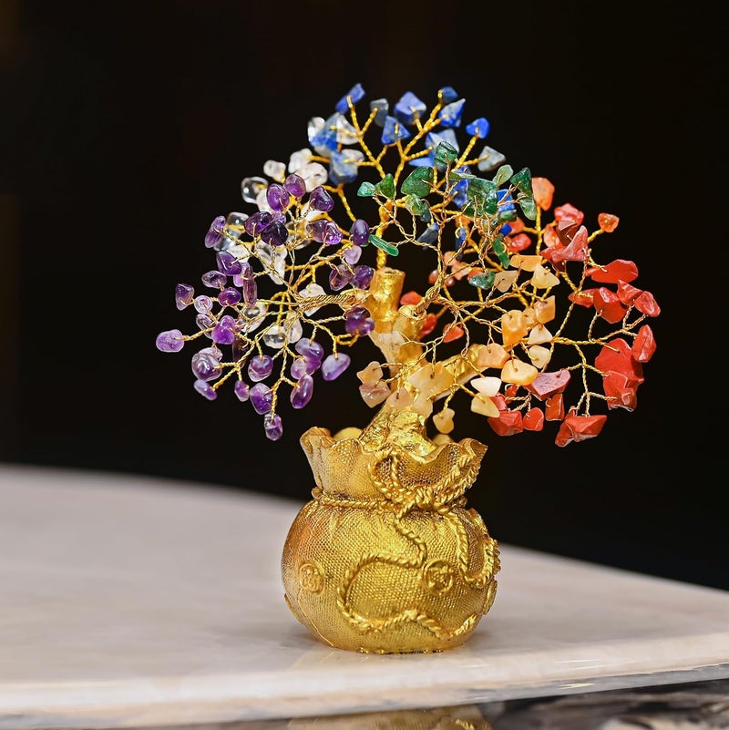 Crocon 7 Chakra Crystal Bonsai Tree with Golden Money Bag Base – Healing Gemstone Tree for Wealth, Prosperity & Positive Energy – Feng Shui Good Luck Home Decor & Rakhi Gift (7x3 Inch) - Image 1