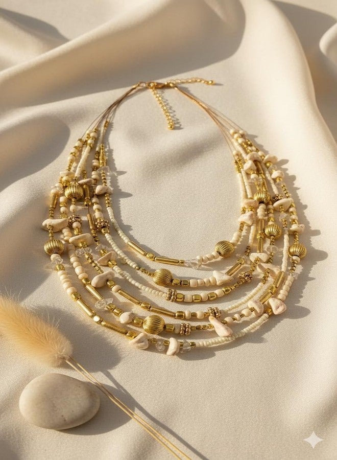 DCA Cream/Gold Glass/Brass Women Necklace (4031) - Image 2