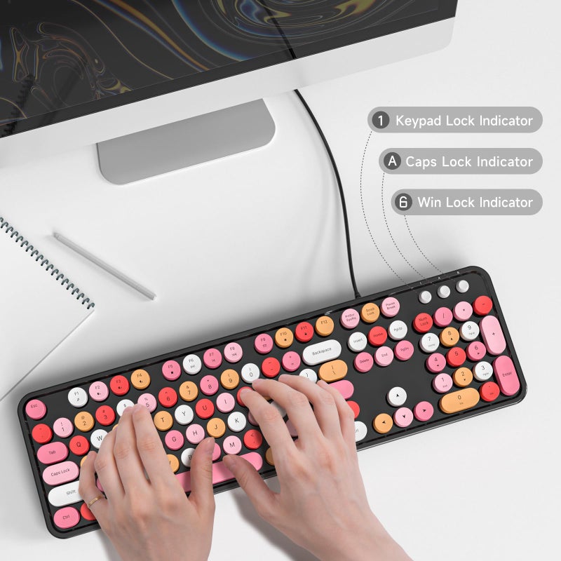 Atelus USB Wired Computer Keyboard - Retro Typewriter Keyboard - Full Size Office Keyboard with Number Pad, Caps Indicators, Foldable Stands, for PC Laptop Desktop Windows (Black Colorful) - Image 4