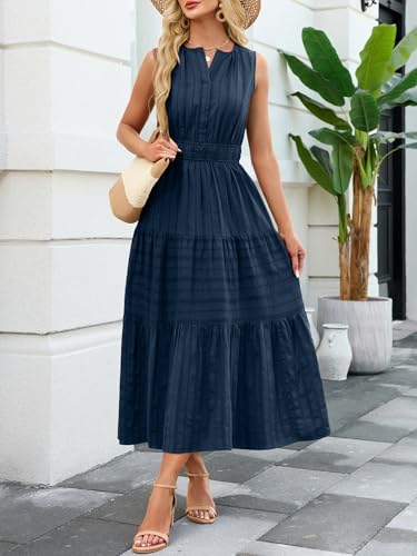 Funlingo Womens Summer Maxi Dresses Dressy Casual Sleeveless A Line Midi Dress V Neck Navy Blue Wedding Guest Dresses for Family Photos Beach Vacations Party 2XL - Image 3