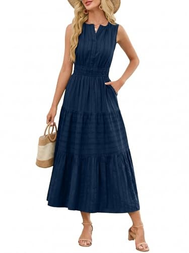 Funlingo Womens Summer Maxi Dresses Dressy Casual Sleeveless A Line Midi Dress V Neck Navy Blue Wedding Guest Dresses for Family Photos Beach Vacations Party 2XL - Image 1