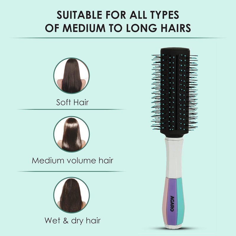 AGARO Classic Round Hair Brush with Strong & flexible boar bristles having Anti static ball tips, For Adding Quick Curls, Waves & Volume In Hair, ideal for all types of medium to long hairs, Cyan. - Image 3