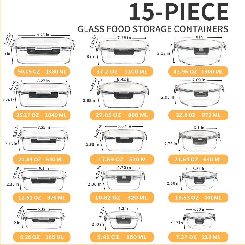 Skroam 15 Pack Glass Food Storage Containers with Lids Airtight, Glass Meal Prep Containers, Lunch Containers with Lids for Microwave, Oven, Freezer and Dishwasher Safe - Image 2