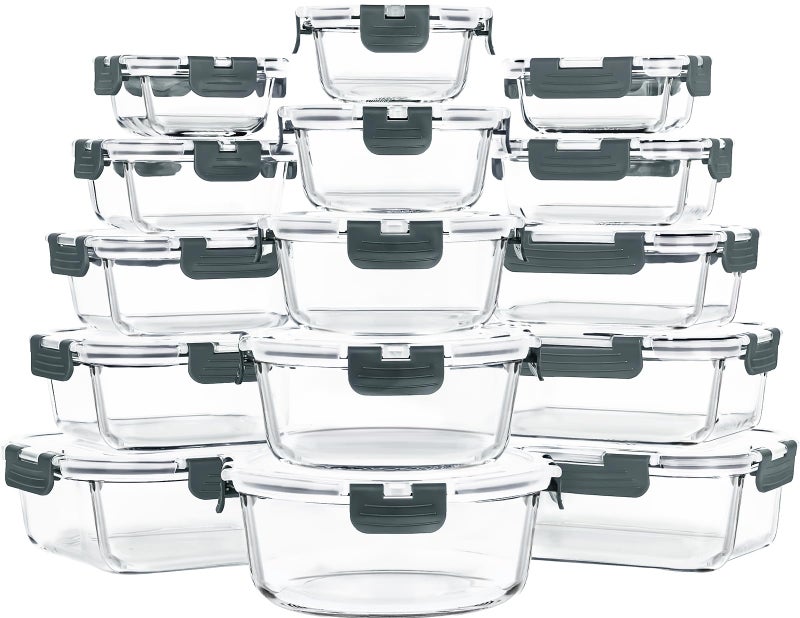 Skroam 15 Pack Glass Food Storage Containers with Lids Airtight, Glass Meal Prep Containers, Lunch Containers with Lids for Microwave, Oven, Freezer and Dishwasher Safe - Image 1