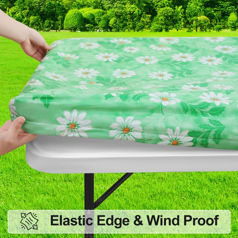 misaya Rectangle Vinyl Tablecloth, Fitted Table Cover, 100% Waterproof, Elastic Edge, Plastic Table Cloth Fit 6 Foot Folding Tables for Picnic, Camping, Outdoor (Green Daisy, 30x72 inch) - Image 2