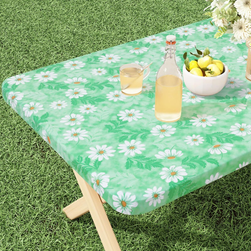 misaya Rectangle Vinyl Tablecloth, Fitted Table Cover, 100% Waterproof, Elastic Edge, Plastic Table Cloth Fit 6 Foot Folding Tables for Picnic, Camping, Outdoor (Green Daisy, 30x72 inch) - Image 1