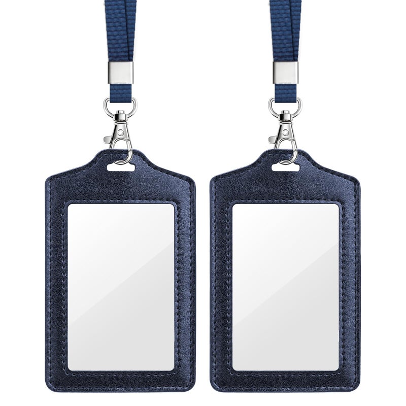 Teskyer 2 Pack Double Sided Clear Badge Holder with Lanyard, PU Leather ID Badge Name Card Holder with Stainless Steel J-Hook Nylon Lanyard for Work, School, Metro, Access, Blue - Image 1
