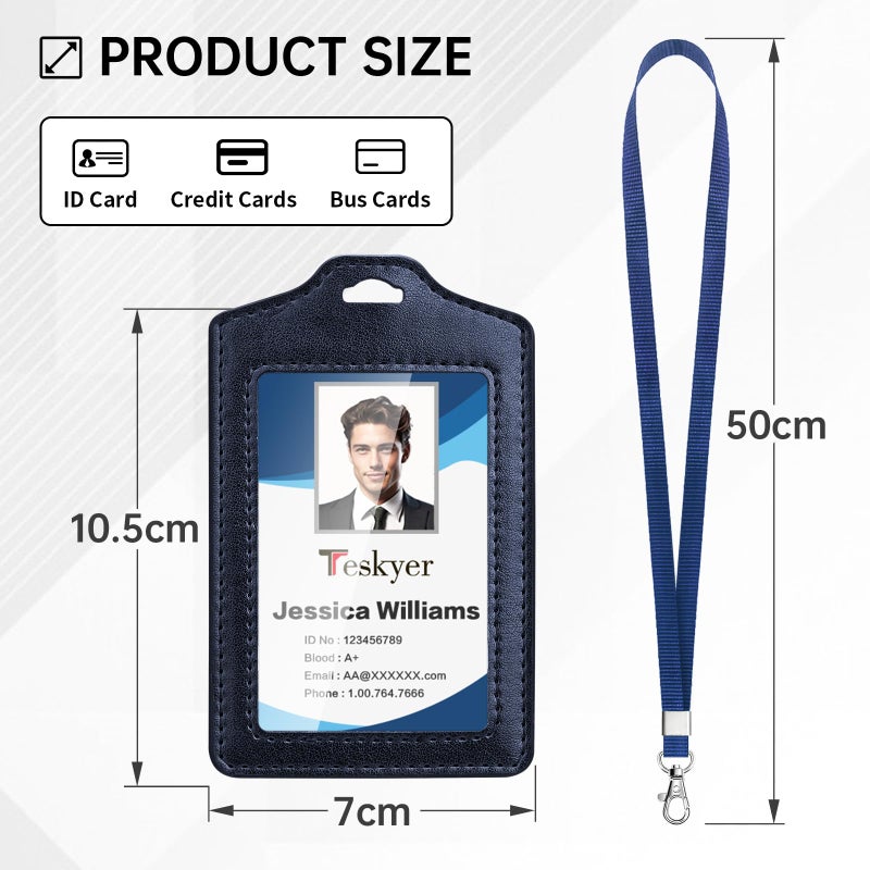 Teskyer 2 Pack Double Sided Clear Badge Holder with Lanyard, PU Leather ID Badge Name Card Holder with Stainless Steel J-Hook Nylon Lanyard for Work, School, Metro, Access, Blue - Image 5