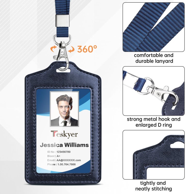 Teskyer 2 Pack Double Sided Clear Badge Holder with Lanyard, PU Leather ID Badge Name Card Holder with Stainless Steel J-Hook Nylon Lanyard for Work, School, Metro, Access, Blue - Image 4