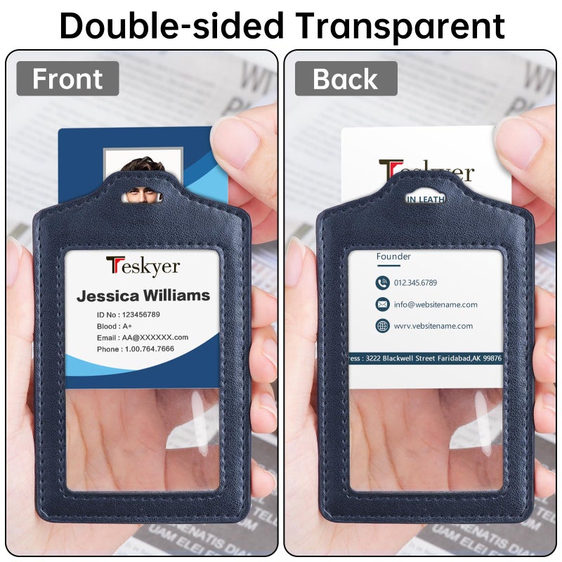 Teskyer 2 Pack Double Sided Clear Badge Holder with Lanyard, PU Leather ID Badge Name Card Holder with Stainless Steel J-Hook Nylon Lanyard for Work, School, Metro, Access, Blue - Image 2