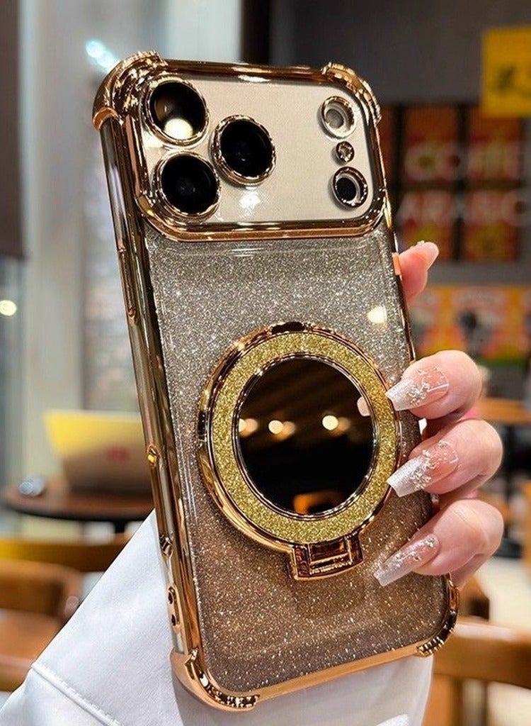 حافظة مغناطيسية لامعة لهاتف iPhone 17 Pro، واقي عدسة الكاميرا اللامع، حامل لامع، مرآة مكياج، تدعم الشحن اللاسلكي، غطاء iPhone 17 Pro فاخر ومقاوم للصدمات، ذهبي - Image 3
