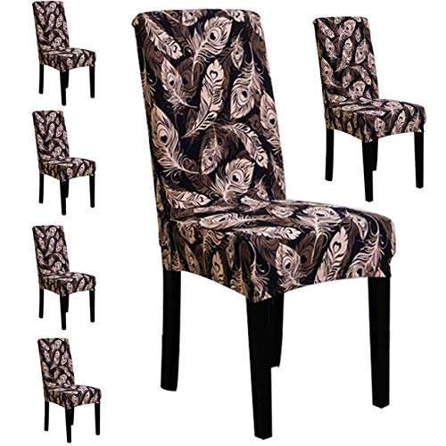 Styleys Polyester, Spandex Stretchable Printed Washable Elastic Dining Chair Covers - Pack of 6, SLMC2020 Brown Peacock Feather - Image 1