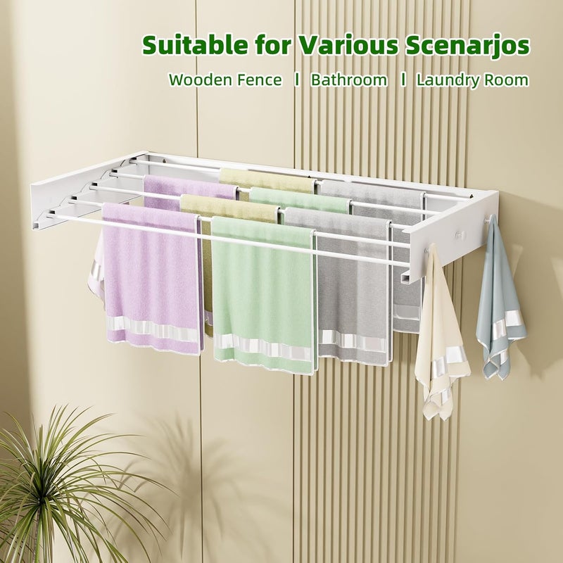 BAKON Wall Mounted Drying Rack for Laundry 40'', Folding Drying Rack Clothing Wall Mount with 5 Rods and 6 Hooks, Space Saving for Indoor Outdoor Bathroom Balcony (White, 40'') - Image 5