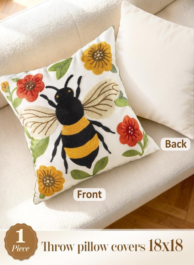 Kokaaee Embroidered Throw Pillow Cover 18x18 Inch - Spring Boho Decorative Animal Pillow Covers with Zipper for Couch Sofa Bedroom Living Room Cushion Pillowcase, Bee Floral - Image 4