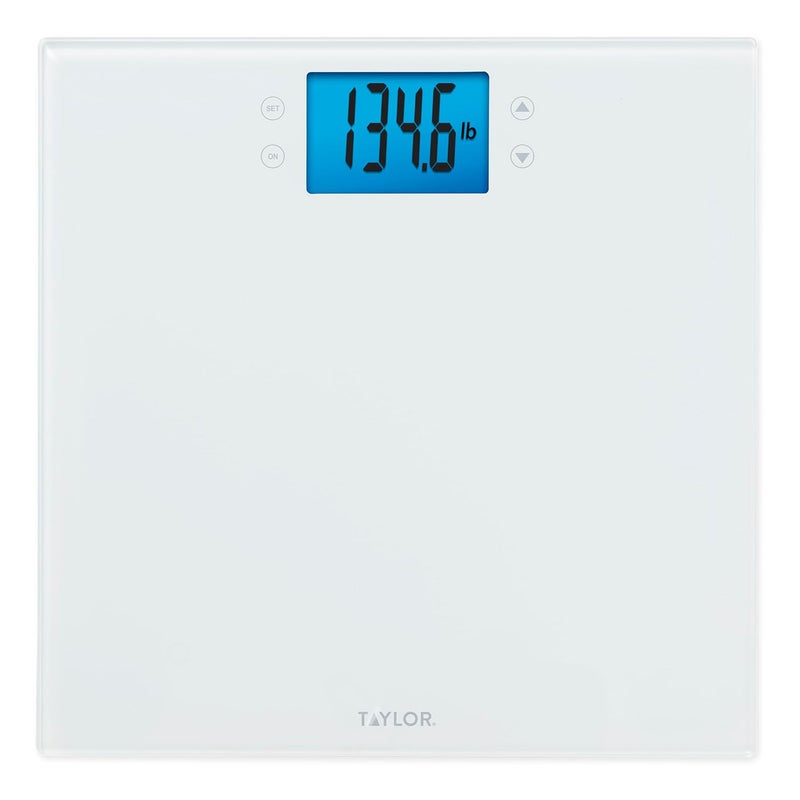 Taylor ميزان تكوين الجسم الرقمي من تايلور مع ميزان الحمام CalMax لقياس وزن الجسم ونسبة الدهون والماء وكتلة العضلات 4 مستخدمين مع التعرف على المستخدمين سعة 400 رطل أبيض - Image 1