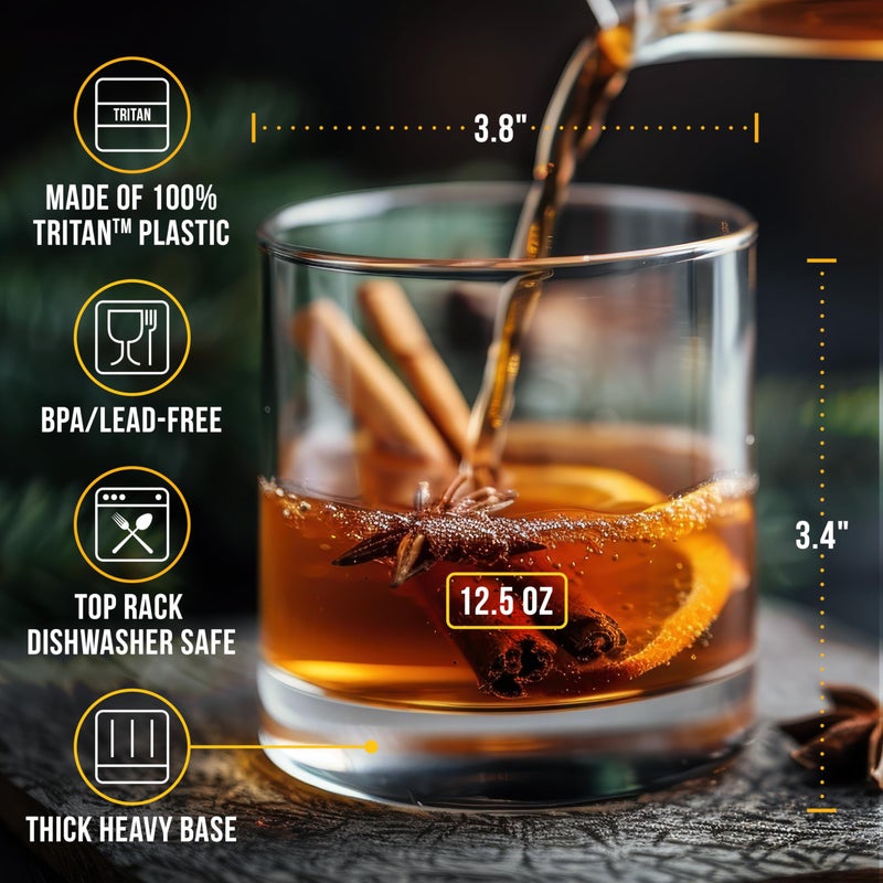 Bravario Unbreakable Tritan Plastic Whiskey Glasses | Shatterproof Double Rocks | Dishwasher-Safe | BPA-free | Perfect for Cocktail Bourbon | 12.5 oz, Set of 8 - Image 3