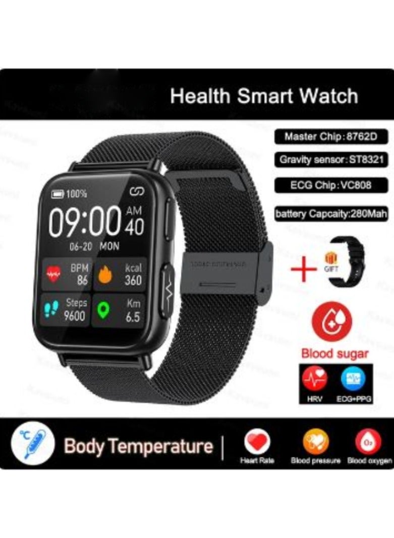 AROAQ Accurate Measure Blood Sugar Smart Watch Men ECG+PPG Heart Rate Blood Oxygen Health Smartwatch Women Sport Watches( Mesh Belt Strap With 1Extra Strap ) - Image 1