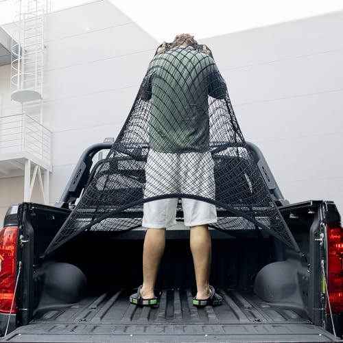 Isvo Cargo Net for Pickup Truck Bed, Trucks Cargo Net Mesh Organizer, 4'x4' Stretch to 7'x7' Highly Elastic Truck Bed Net for Camping, Trip Luggage, Compatible with Trailer, Ford, Chevrolet, Dodge - Image 1