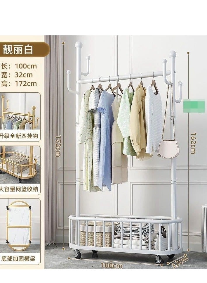 حامل رفوف تخزين مع سكة ​​تعليق ملابس ورف معاطف دوار مع رف تخزين، حامل ملابس معلق مع خطافات للقبعات، رف تجفيف، منظم تخزين موفر للمساحة المنزلية لغرفة النوم،. (أبيض) - Image 3