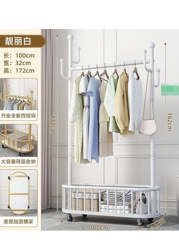 حامل رفوف تخزين مع سكة ​​تعليق ملابس ورف معاطف دوار مع رف تخزين، حامل ملابس معلق مع خطافات للقبعات، رف تجفيف، منظم تخزين موفر للمساحة المنزلية لغرفة النوم،. (أبيض) - Image 1