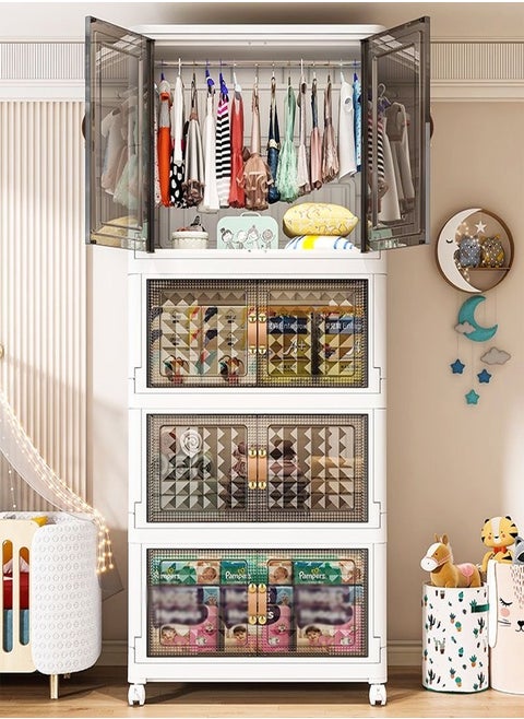 4-Tier Collapsible Stackable Plastic Storage Box with Wheels Foldable Double Door Closet Organizers and Storage Containers Front Open with Wheels for Home Dorm Office 65x38x165 cm
