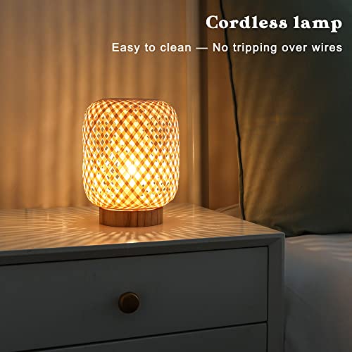 LUSHARBOR Rattan Lamp, Cordless Boho Lamp Battery Operated, Table Lamp with LED Bulb, Handmade Bamboo Beside Lamp Small Rattan Lamp, Decorative Battery Lamp for Kids Room Entryway - Grid - Image 3