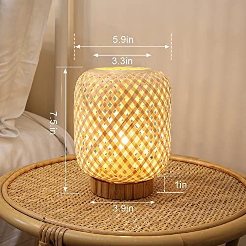 LUSHARBOR Rattan Lamp, Cordless Boho Lamp Battery Operated, Table Lamp with LED Bulb, Handmade Bamboo Beside Lamp Small Rattan Lamp, Decorative Battery Lamp for Kids Room Entryway - Grid - Image 5