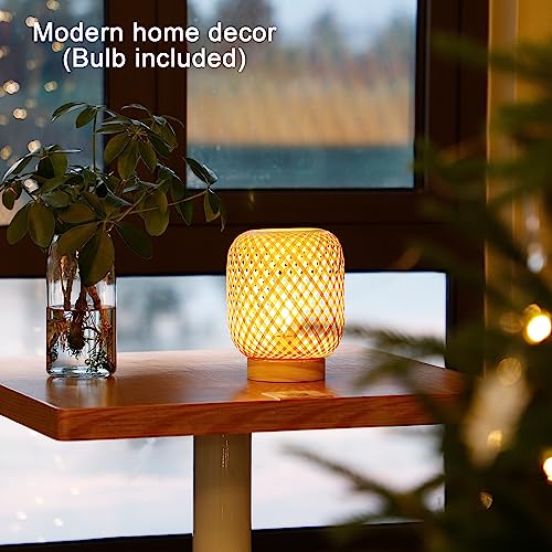 LUSHARBOR Rattan Lamp, Cordless Boho Lamp Battery Operated, Table Lamp with LED Bulb, Handmade Bamboo Beside Lamp Small Rattan Lamp, Decorative Battery Lamp for Kids Room Entryway - Grid - Image 4